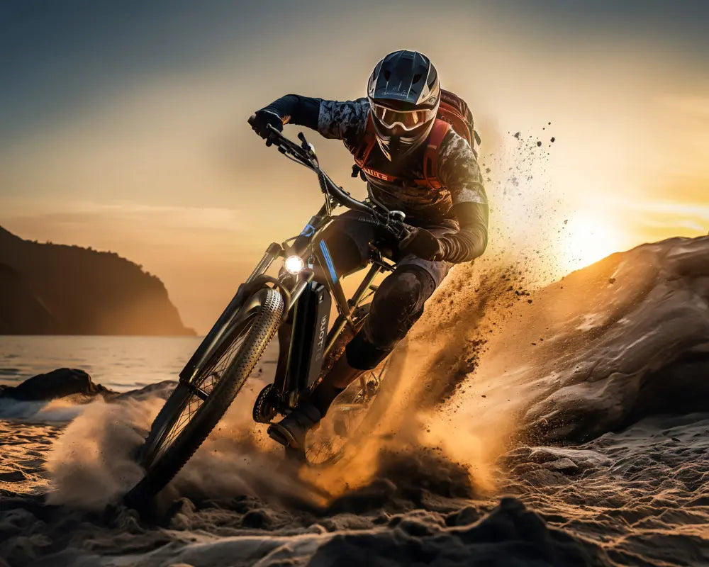 Sport Man riding DUOTTS C29 PRO Electric Bike on a sandy beach