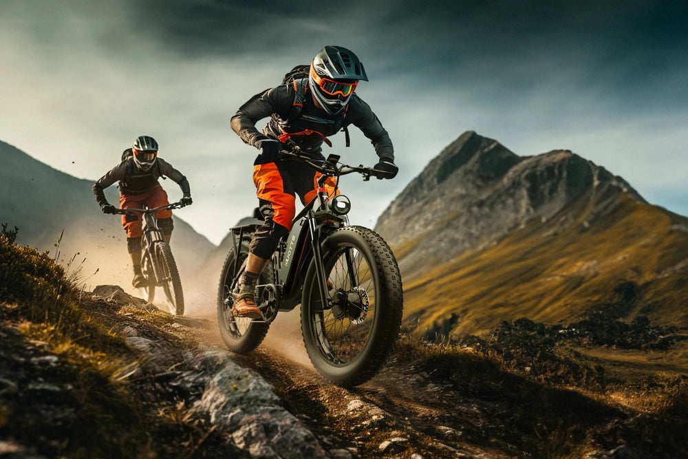 Two people riding DUOTTS S26 PRO Off-road Electric Bike in the mountains