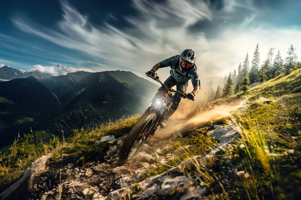 One man riding DUOTTS S26 PRO Off-road Electric Bike in the mountains